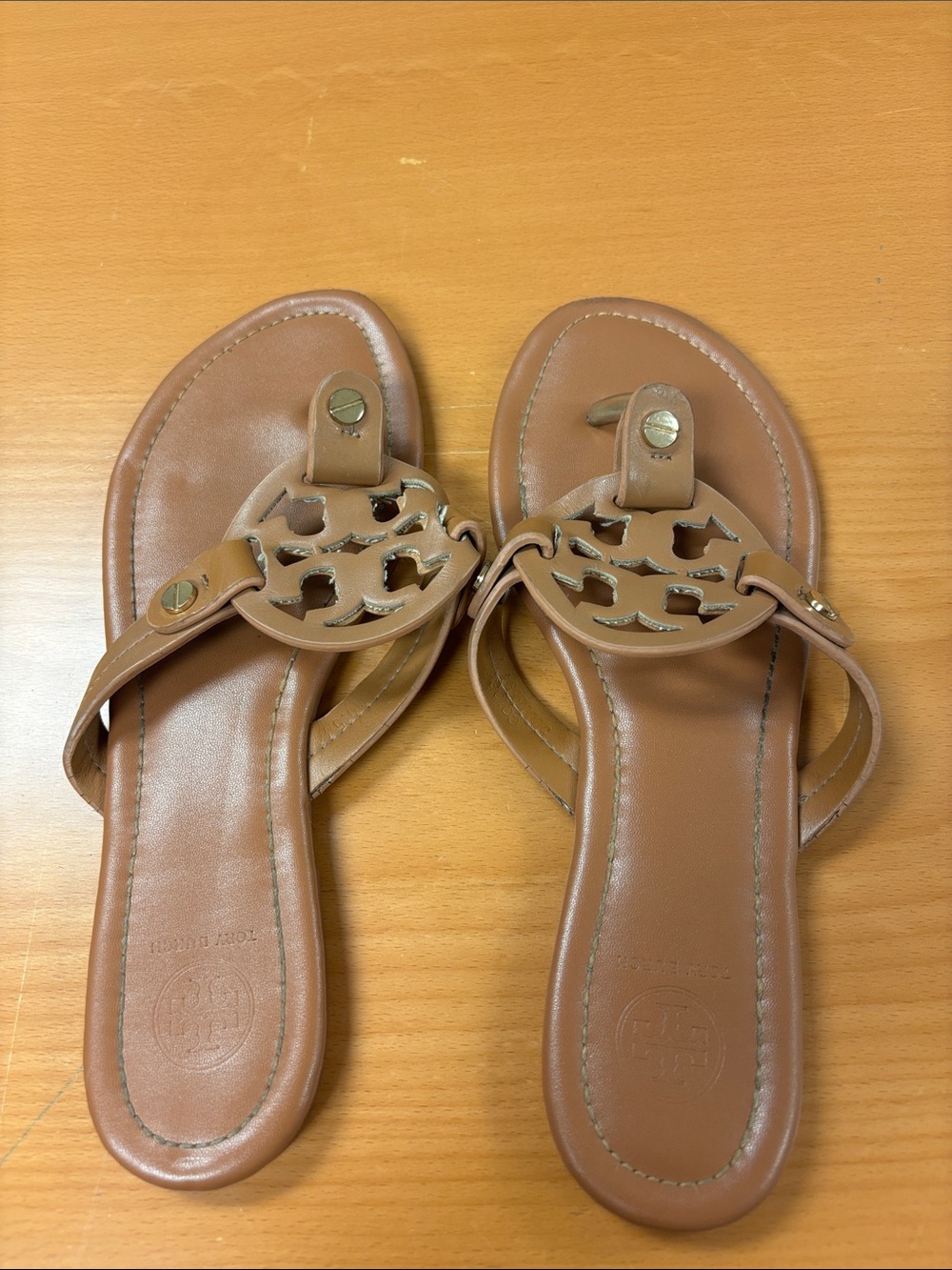Tory Burch Cognac Leather Logo Thong Sandals